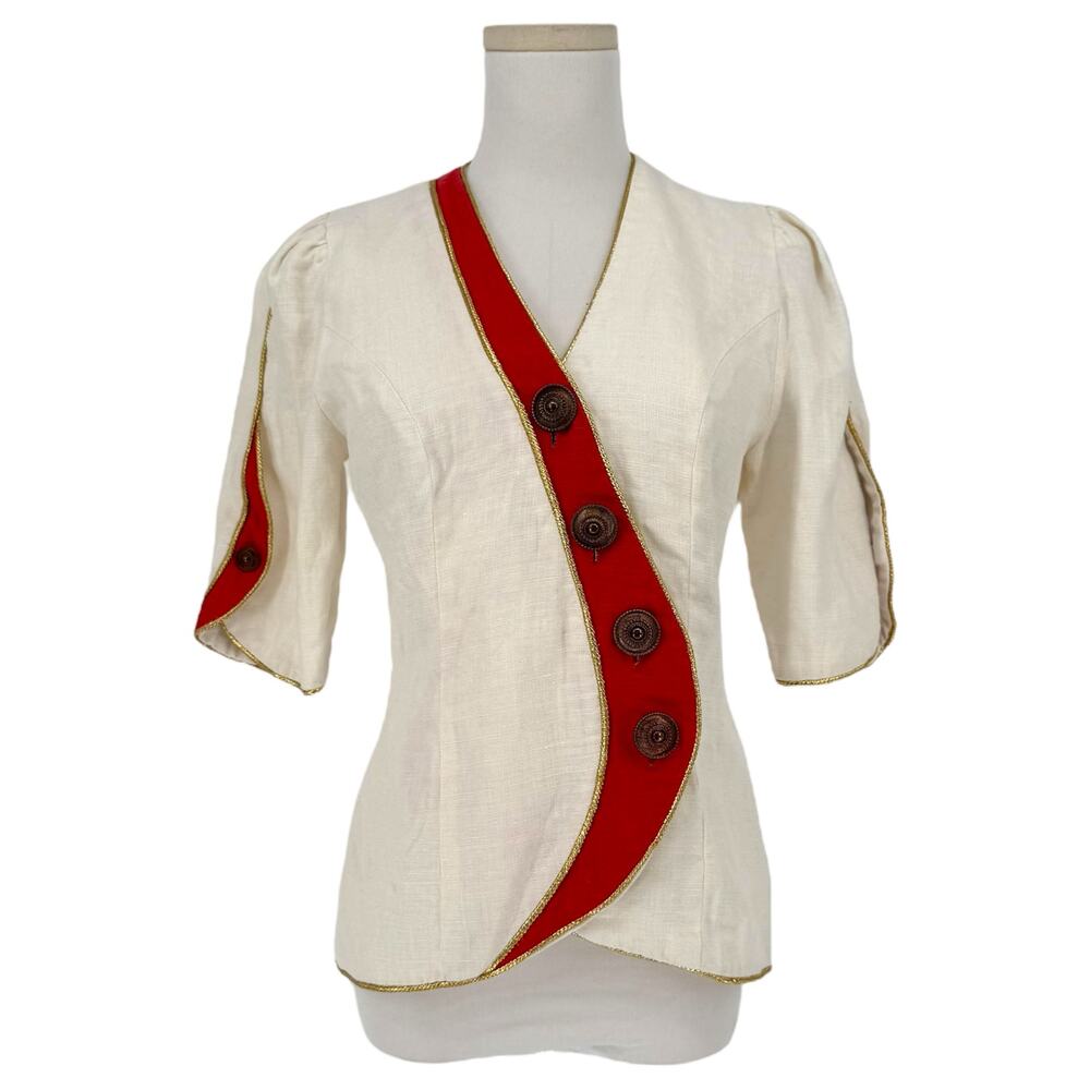Vintage 1990s Gold Rope Trim Linen Novelty Jacket Embellished Maximalist Party